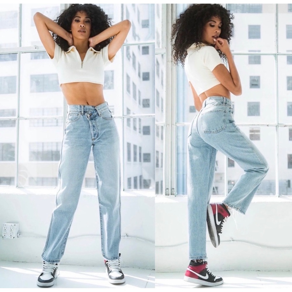 Revice Denim Venus Asymmetrical Crossover High Rise Straight Leg Jeans 27 Light